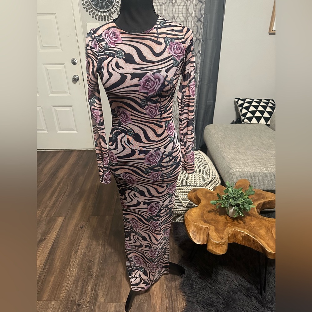 Nasty gal Floral Zebra Print Long Sleeve Dress Size 4